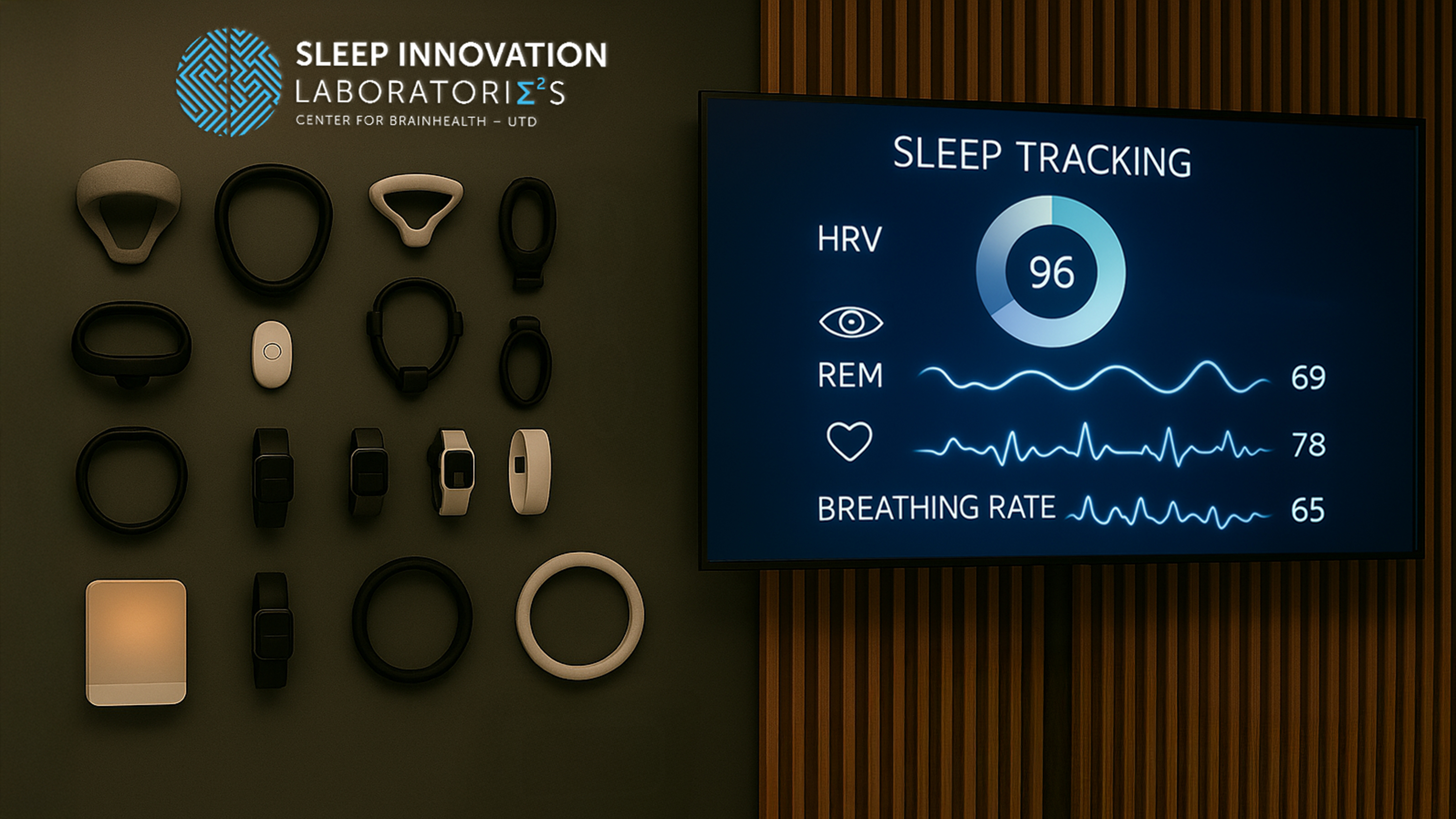 A large digital wall display with colorful visuals related to brain research and technology, inside the Sleep Innovation Lab at UT Dallas' Center for BrainHealth.