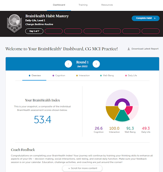 Screen image of the online dashboard for the study Building Resilience in MCI: An Online Study.