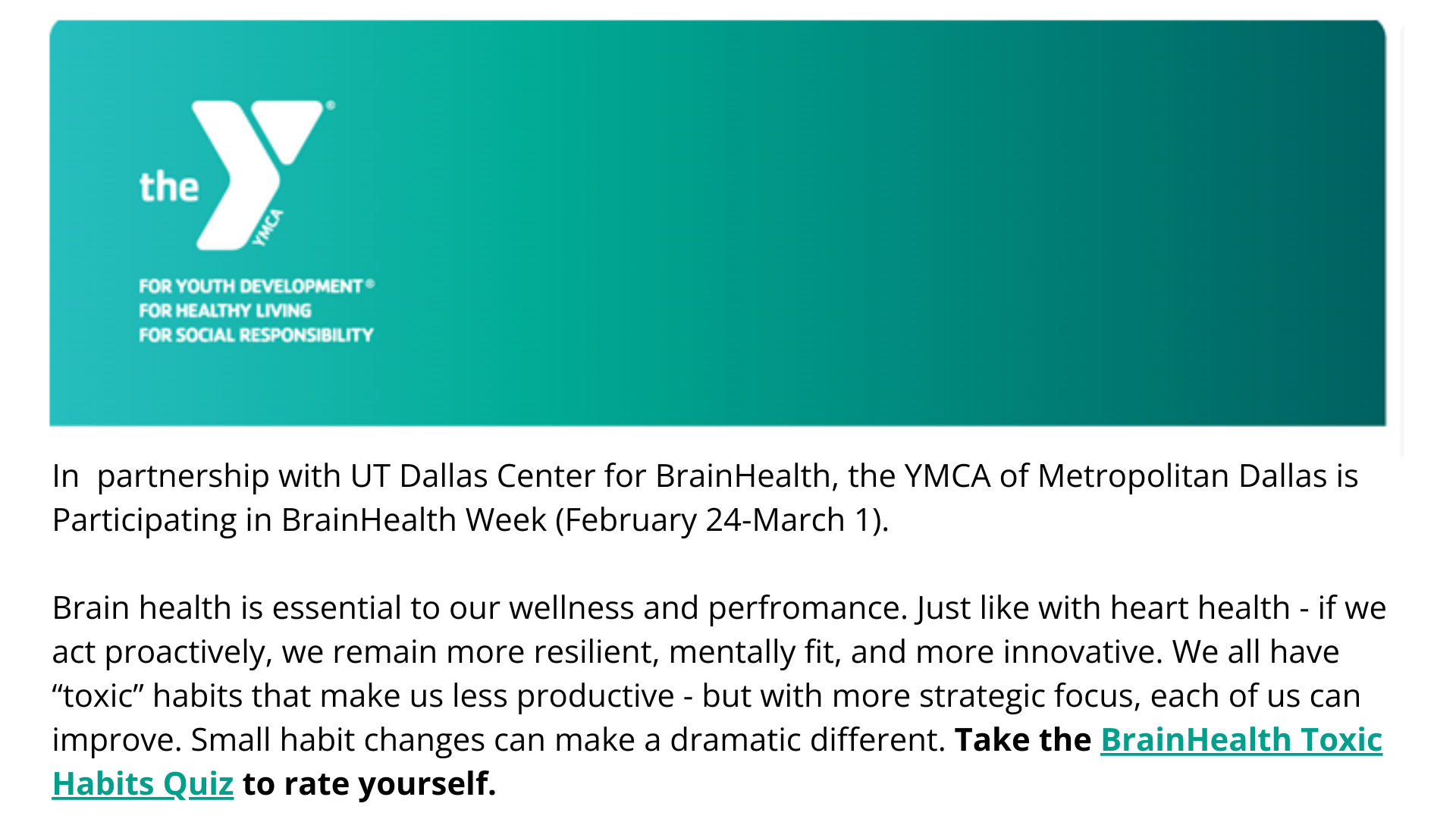 Example of BrainHealth Week partner email sent by the YMCA.