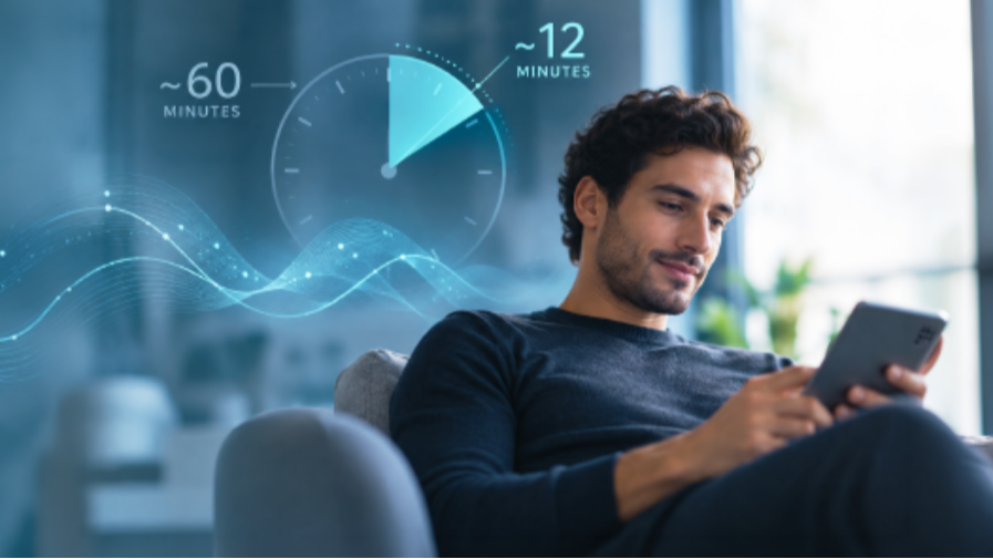 Man relaxing on sofa using smartphone with digital overlay showing clock comparing 60 minutes versus 12 minutes.