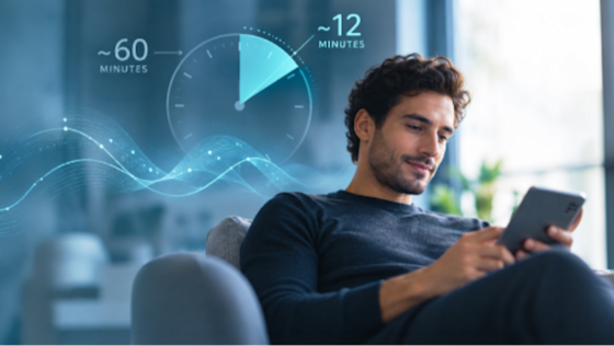 Man relaxing on sofa using smartphone with digital overlay showing clock comparing 60 minutes versus 12 minutes.