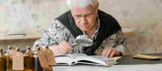 Senior man reading with a magnifying glass