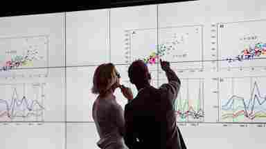 Researchers view large screens with graphs showing hundreds of collected data points.