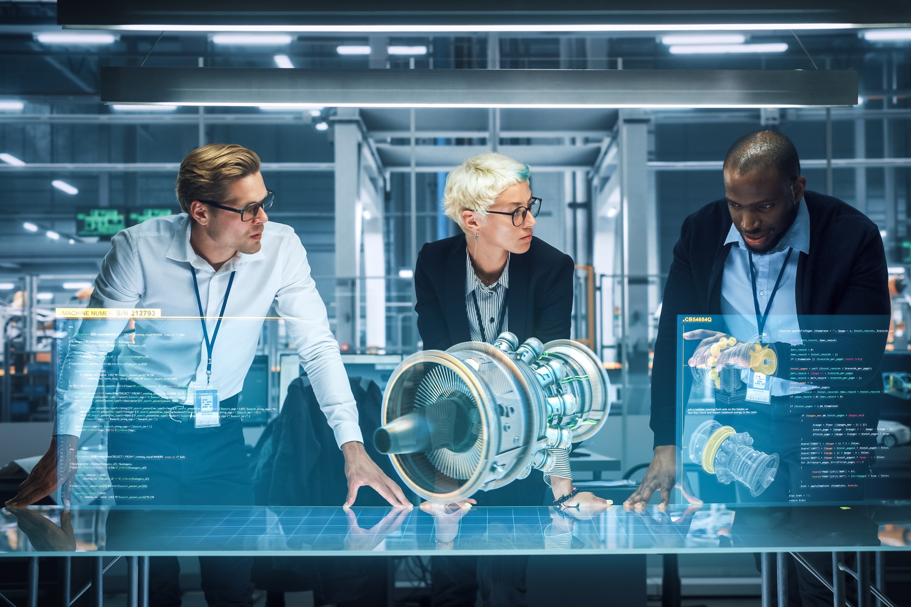 Engineers use augmented reality to create a 3D model for green energy turbine. 