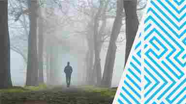 A person walking alone, into the fog, along a tree-lined outdoor path.