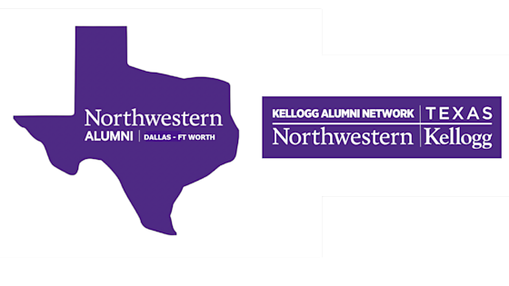 Logos for the Northwestern and Kellogg Alumni Clubs, talk sponsors for the 2026 season of BrainHealth Presents in Dallas, Texas.