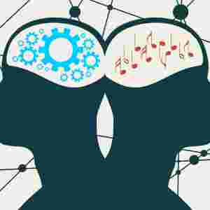 Silhouettes of two heads, one with gears and the other with music notes. Includes a tan background with connecting lines and circles.