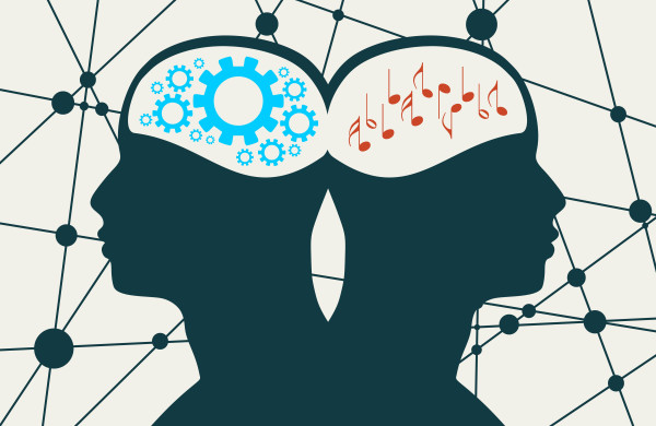 Silhouette of a two heads, one with gears and the other is music notes. Tan background with connecting lines and circles. Abstract. iStock-1163933350