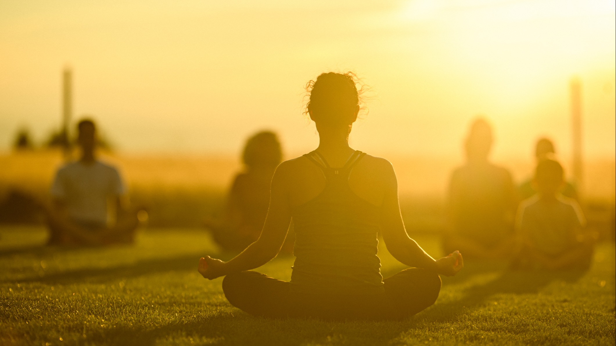 People practicing yoga or meditation outdoors in the orange glow of the sun.