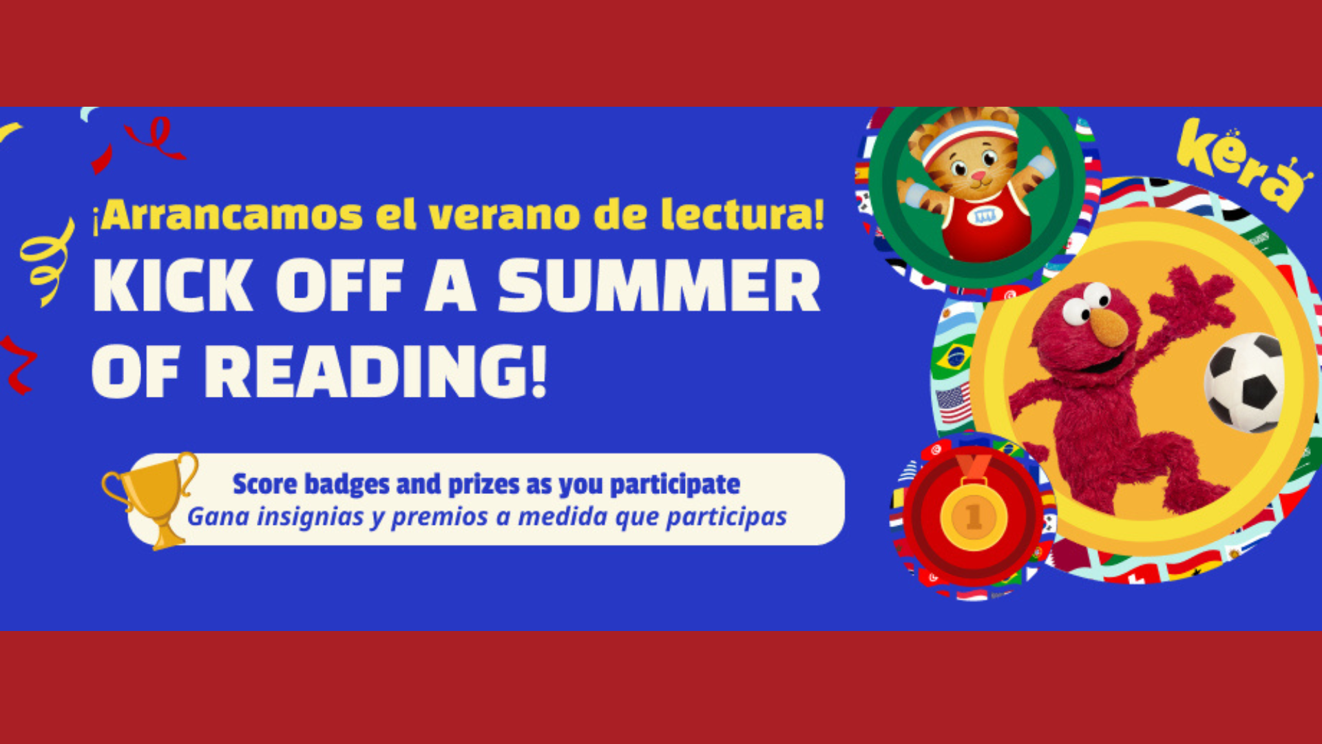 Graphic for KERA’s Summer Learning Challenge, featuring Sesame Street's Elmo and PBS Kids' Daniel Tiger.