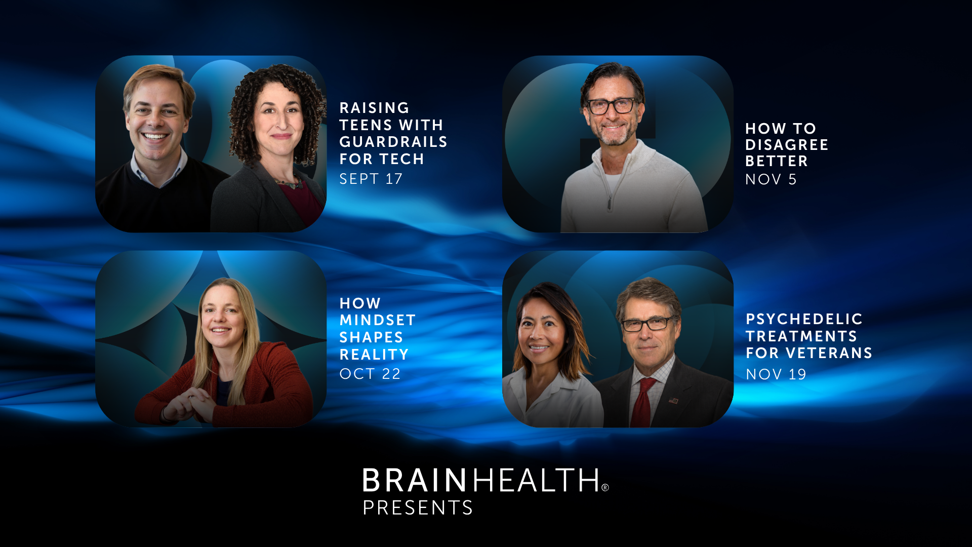 BrainHealth Presents event lineup featuring four upcoming talks with speakers on a aethereal water background.