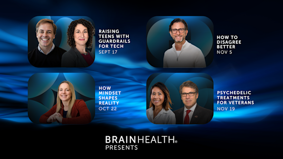 BrainHealth Presents event lineup featuring four upcoming talks with speakers on a aethereal water background.