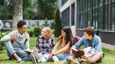 Group of four teens talking while studying at a school campus on the lawn. 

