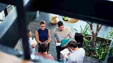 A team of coworkers have a strategic huddle in an open workspace with plants and sunlight.