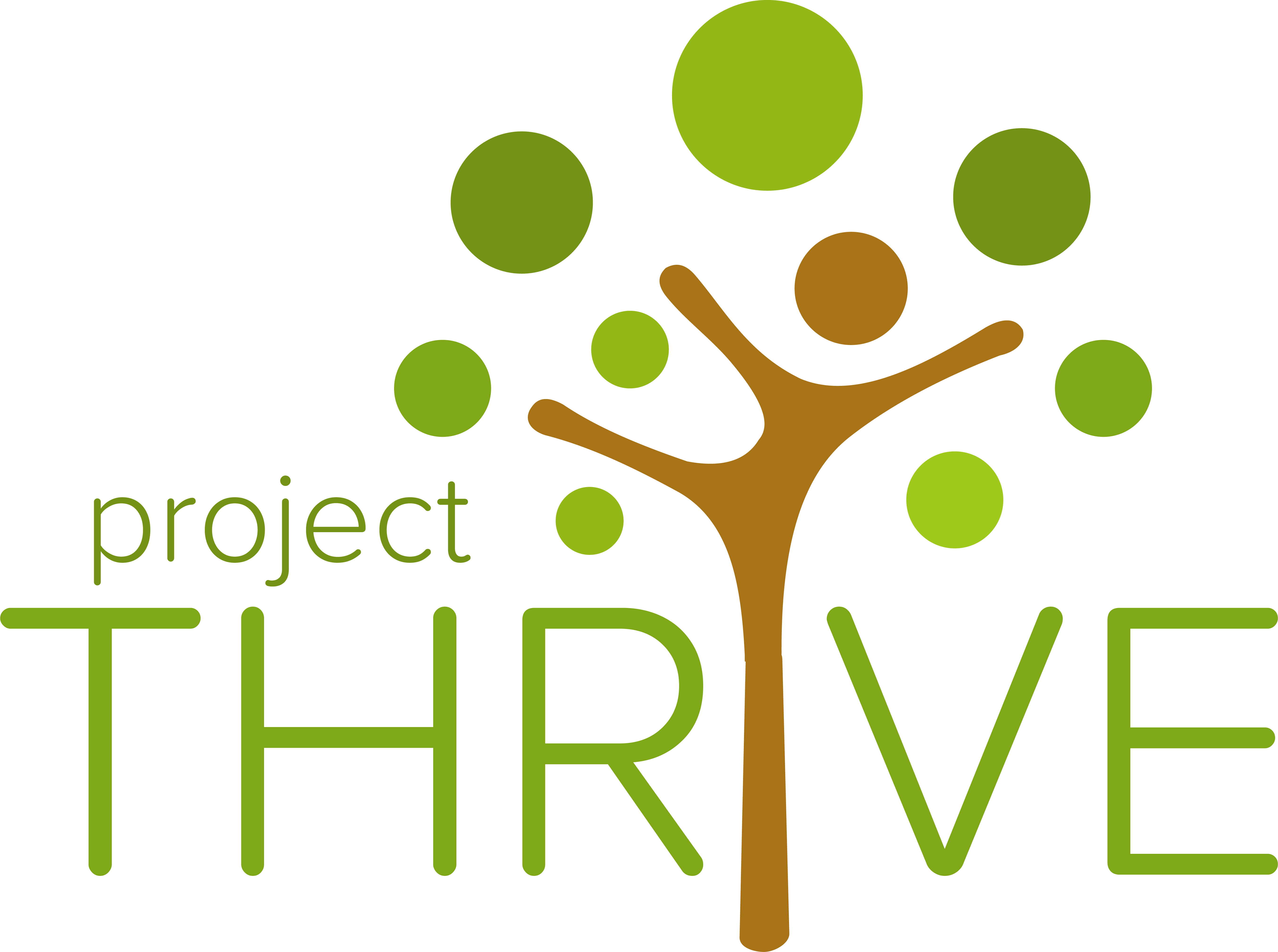 Project Thrive logo featuring a brown stylized tree with green and brown circle leaves above green text.