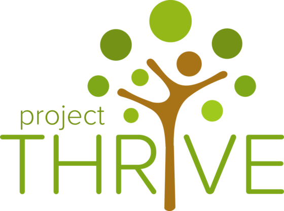 Project Thrive logo featuring a brown stylized tree with green and brown circle leaves above green text.