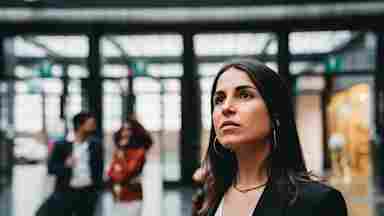 A young professional looks upward with hope as people talk behind her.
