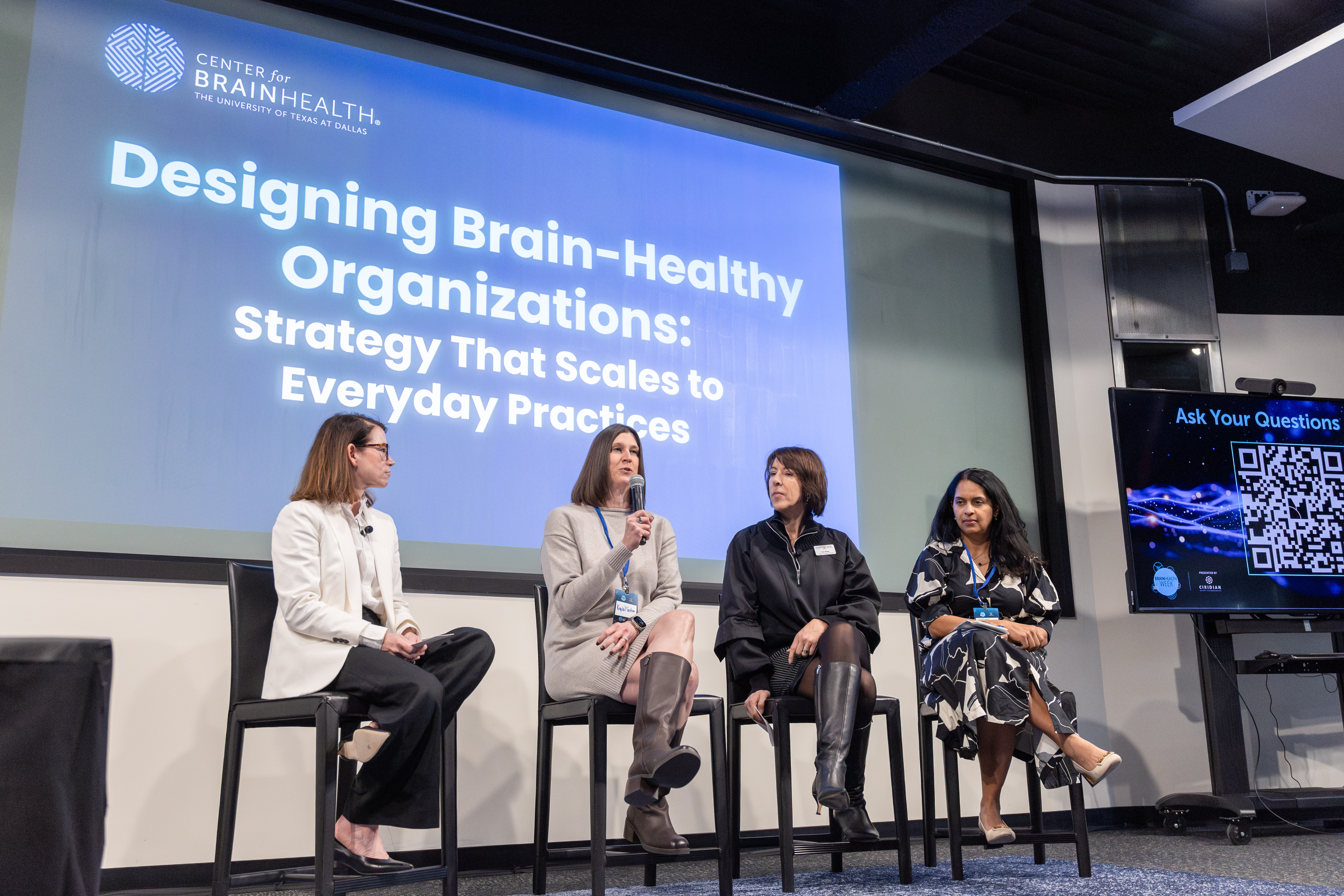 Panel discussion on "Designing Brain-Healthy Organizations" with four speakers at Center for Brain Health event at UT Dallas.