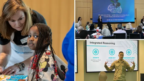 Educational setting with three panels showing teacher helping student, conference presentation, and military instructor.