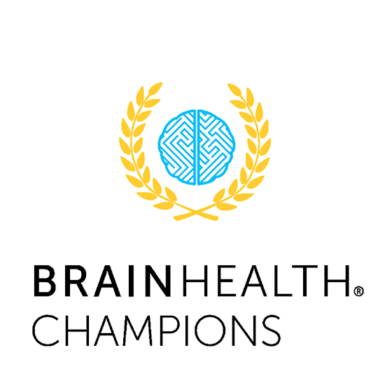 BrainHealth Champions logo featuring a blue brain-shaped maze surrounded by golden laurel leaves, with text below.