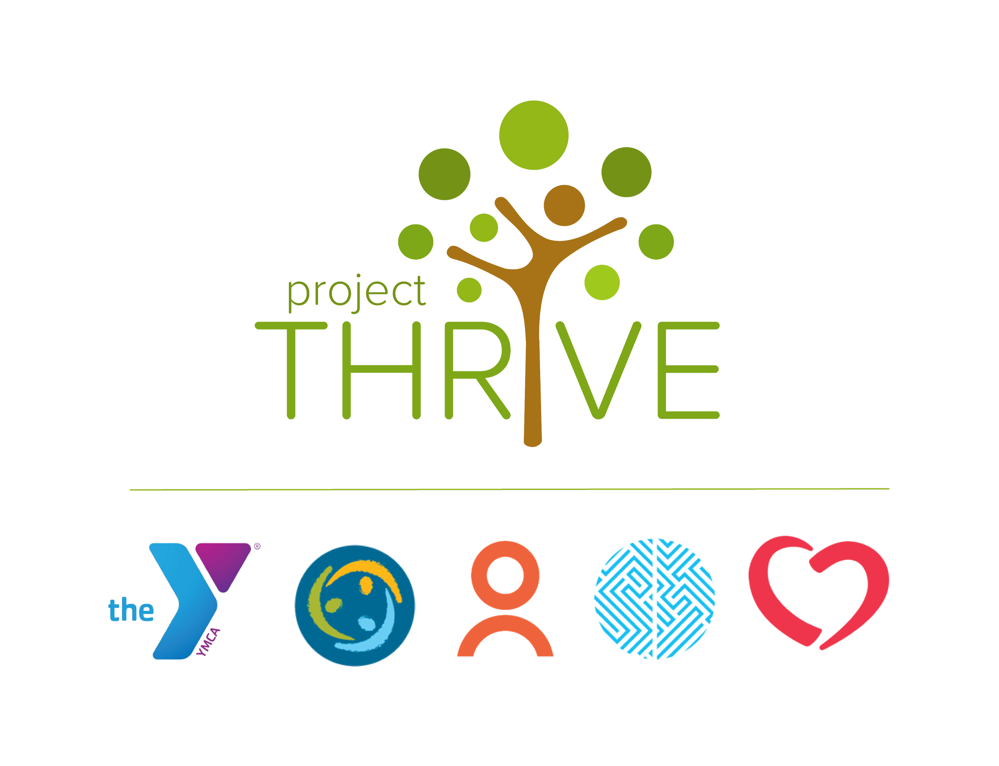 Project Thrive logo with a tree and human figure, above five partner organization logos including the YMCA of Metropolitan Dallas, Grant Halliburton Foundation, Metrocare Services, Center for BrainHealth and Momentous Institute.