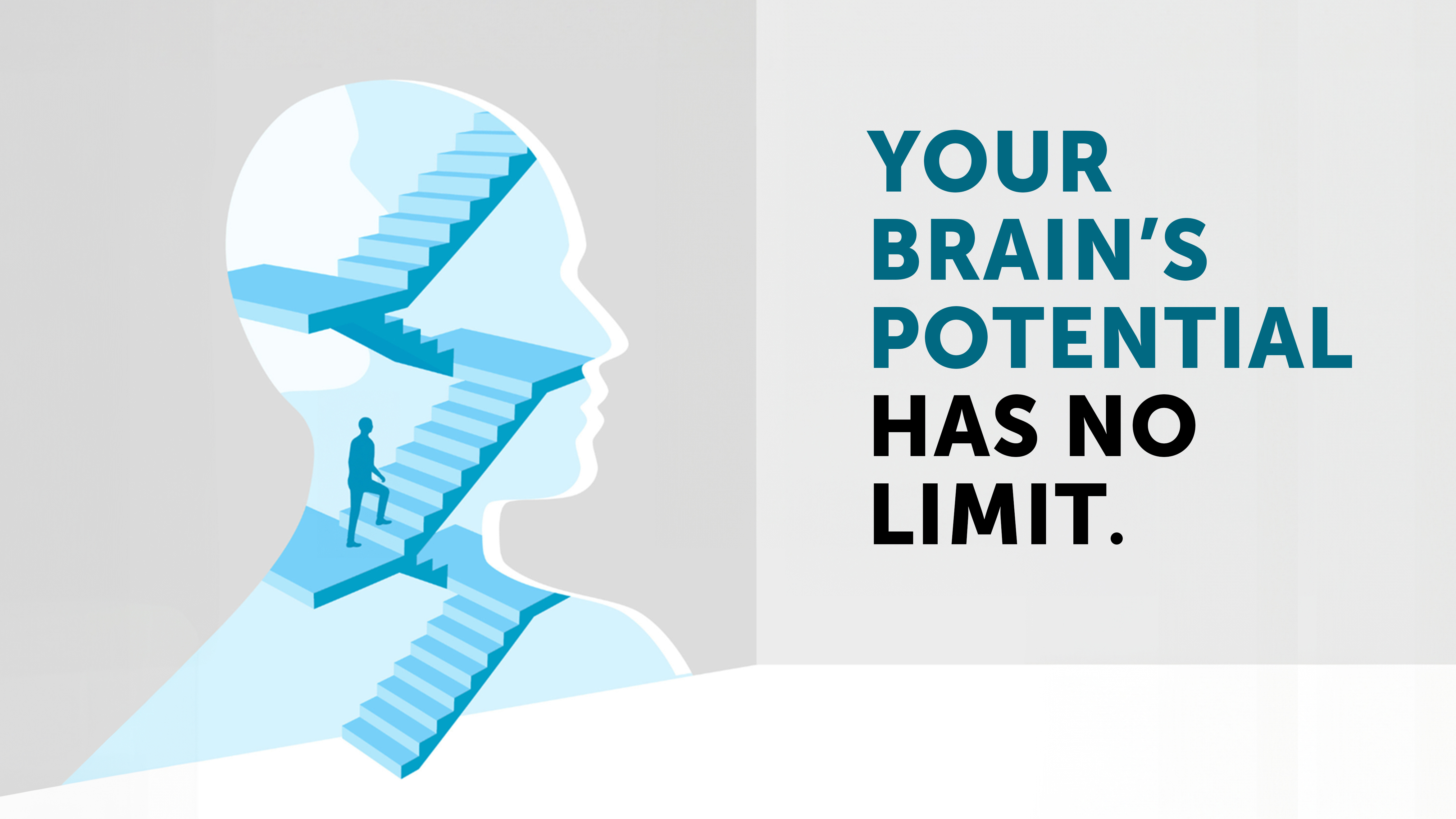 A blue silhouette of a human head with staircases and a figure climbing inside, beside text: Your Brain's Potential Has No Limit.