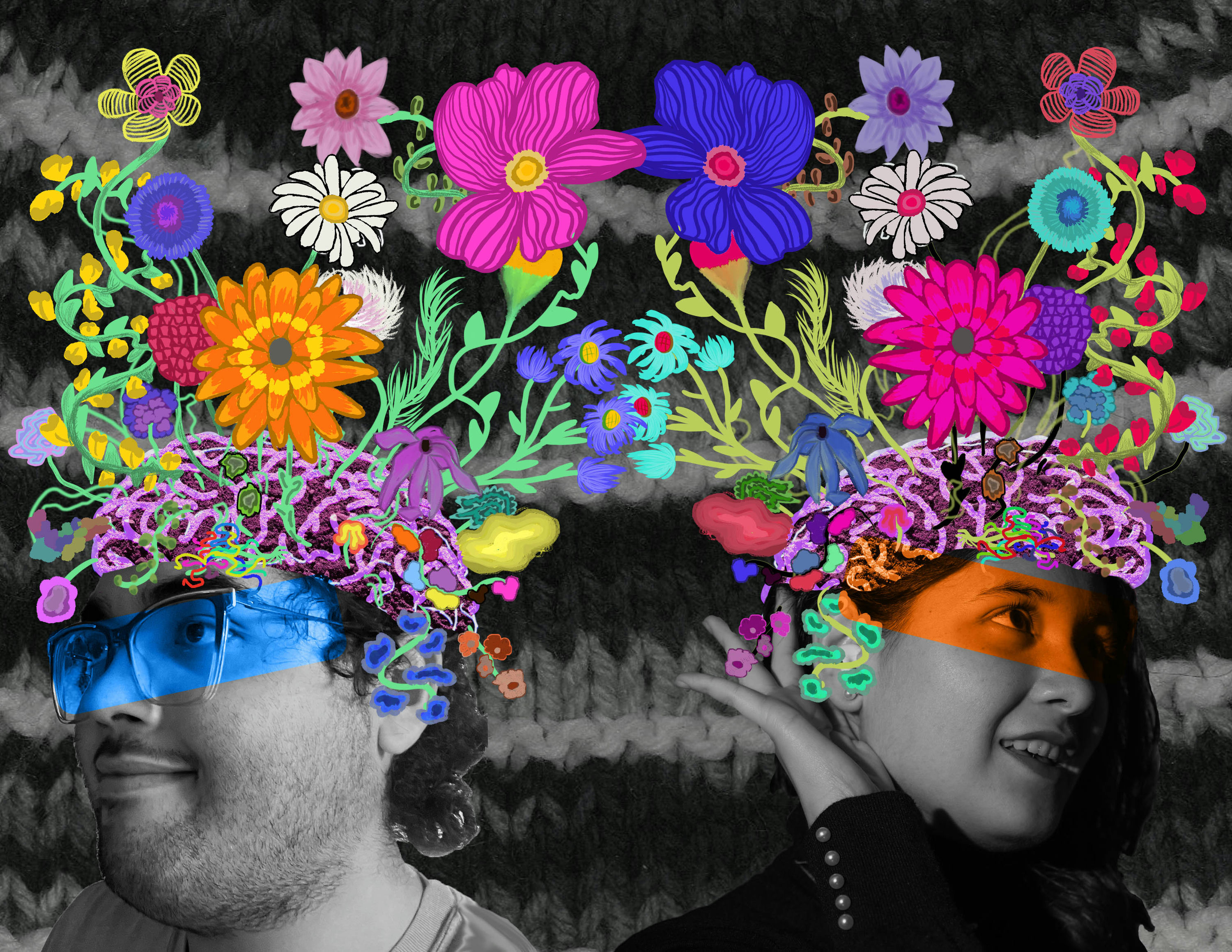 Two people visible from the neck up face away from each other smiling in black and white. The background shows knitted stripes in black and white. Their heads have a drawn overlay in vibrant color of brain-like lines and winding flowers and plants, with solid lines of  transparent color over their eyes.