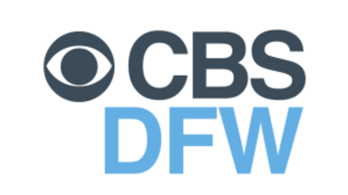 The CBS DFW logo; the top half is in navy blue bold lettering whereas the bottom half is in lighter blue bold lettering.