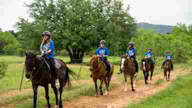 Five children in blue YMCA t-shirts ride horses outdoors along a dirt path
