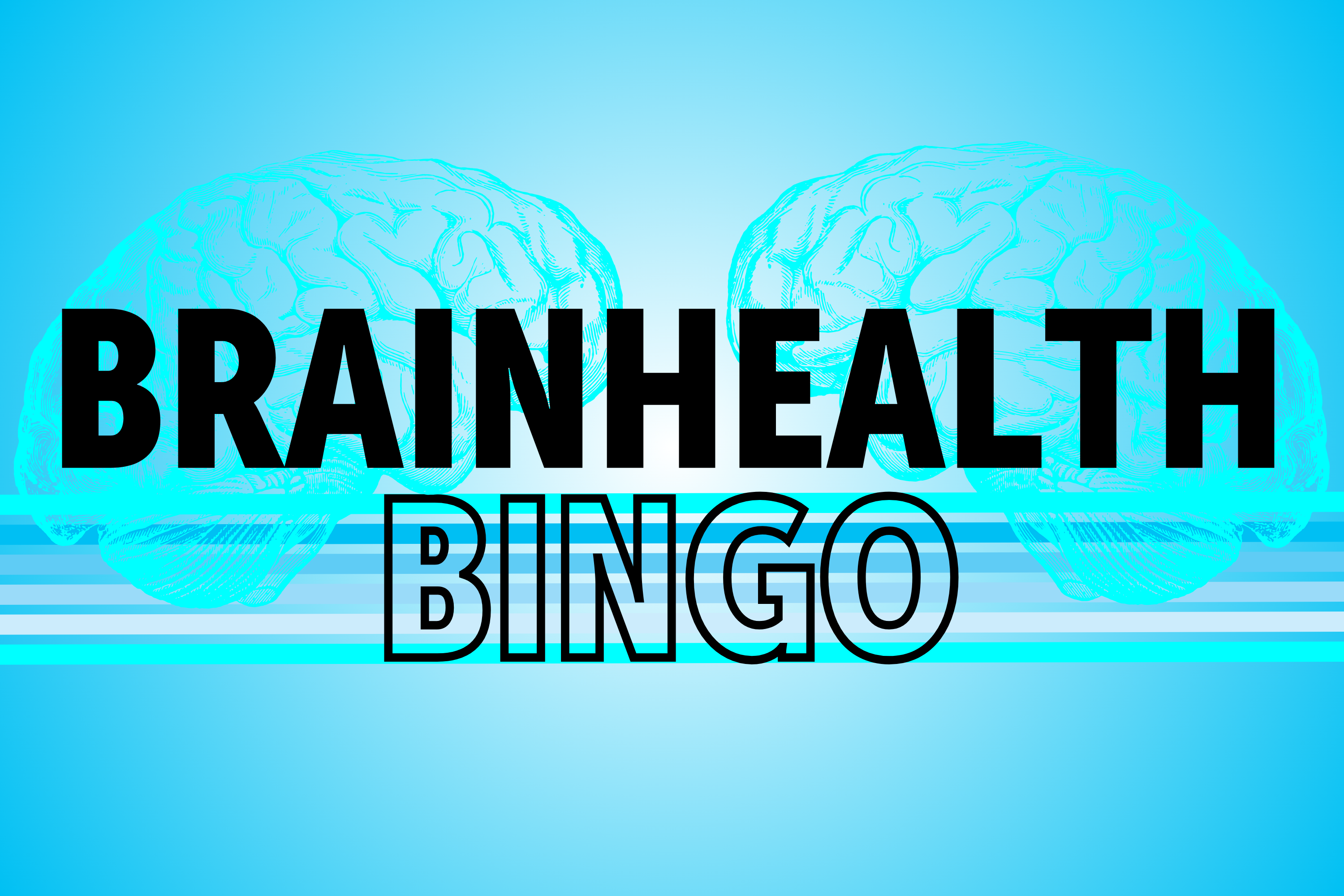 Graphic showing "BRAIN HEALTH BINGO" text overlaid on blue background with illustrated brain hemispheres.