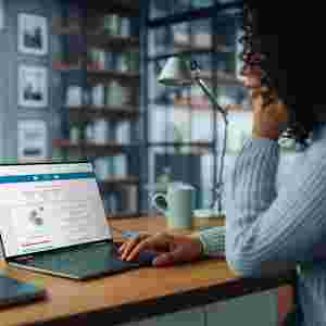 Woman looking at brain health index dashboard on her laptop. Office set up