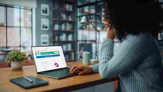 Woman looking at brain health index dashboard on her laptop. Office set up
