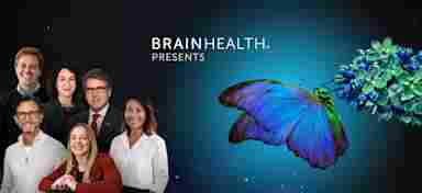 BrainHealth Presents banner featuring six speakers from the 2026 BrainHealth Presents series on the left next to the logo and a vibrant blue butterfly on a floral cluster on the right.