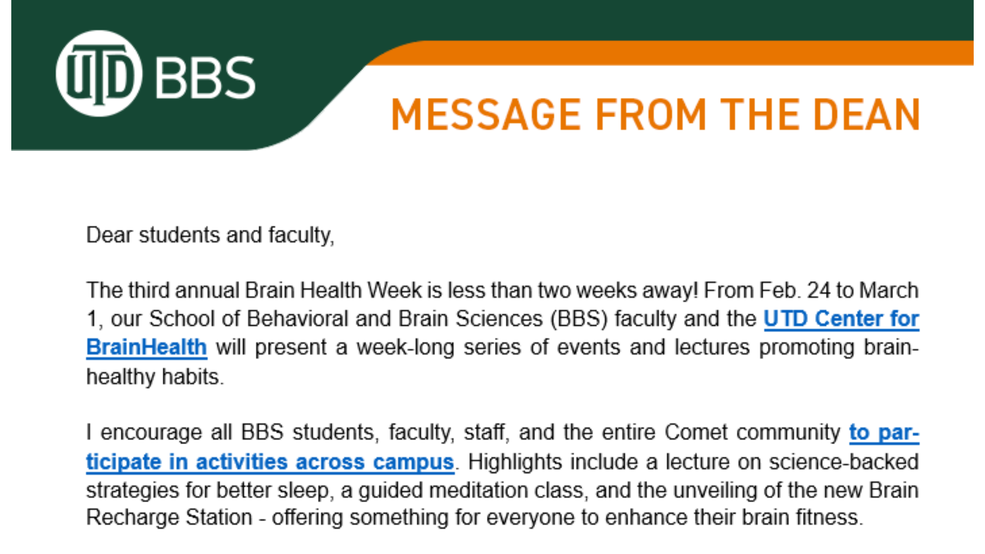 Example of BrainHealth Week partner email sent by UTD.