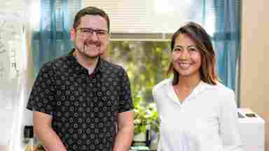 Sherwood (Tracy) Brown, PhD, and Francesca Filbey, PhD, have previously studied whether poorer learning and memory performance in individuals with cannabis use disorder are due to cannabis-related sleep problems, pictured together in a sunlit workroom.