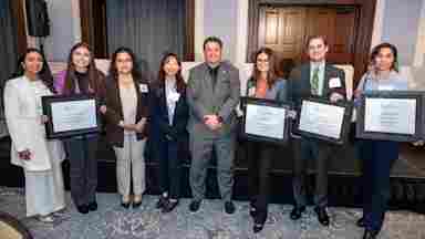 Stephanie Rodriguez, Micaela Andreo, Ashley Campos, Taesun Kim, Adam Woods, PhD, Anna Thompson, Max Ciesla and Audrina Ebrahimi at the 2025 Friends of BrainHealth scientist selection luncheon.