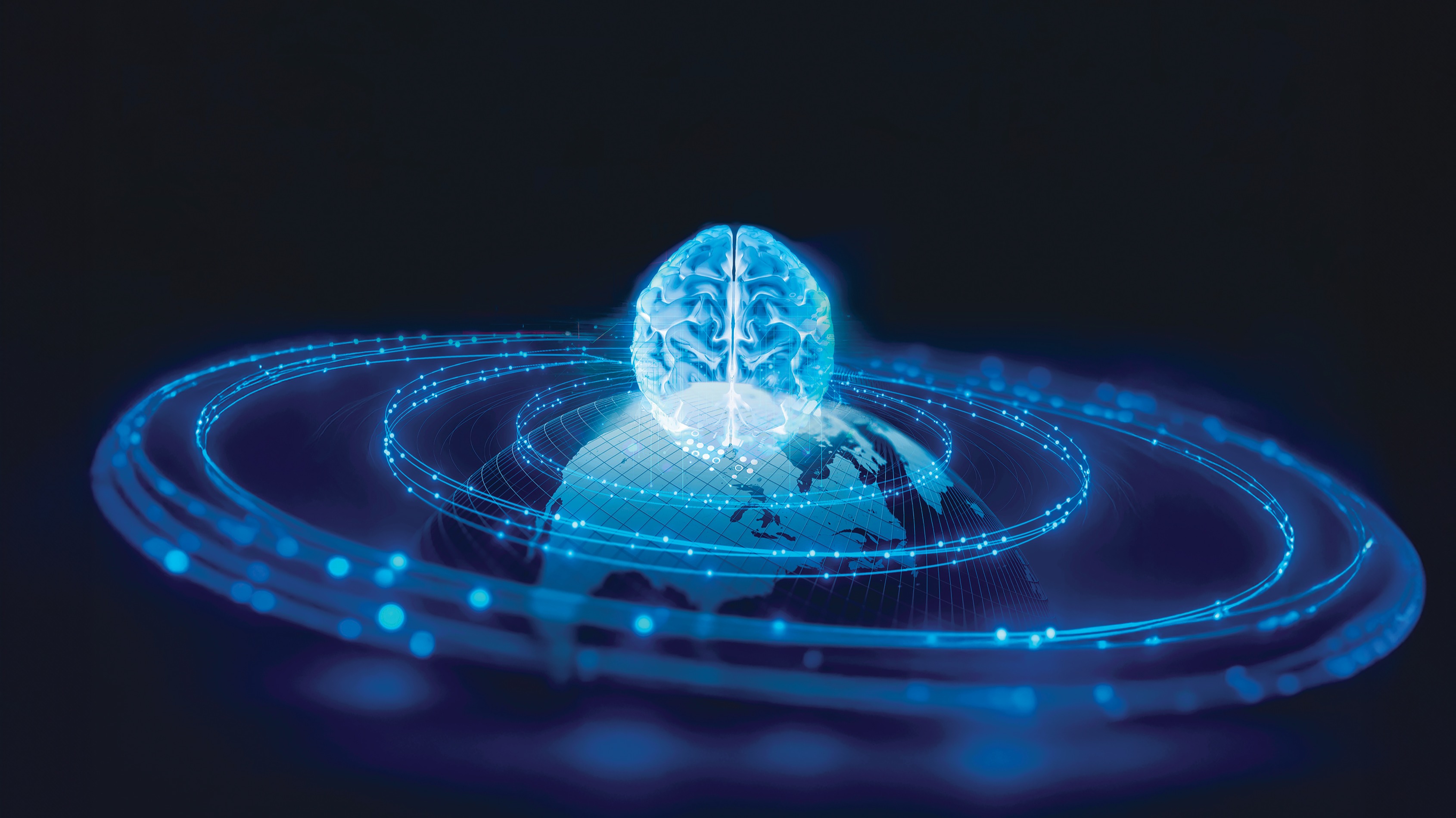 A glowing blue digital brain sits atop a globe, surrounded by luminous blue orbital rings on a dark background.