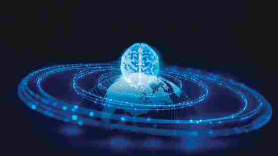 A glowing blue digital brain sits atop a globe, surrounded by luminous blue orbital rings on a dark background.
