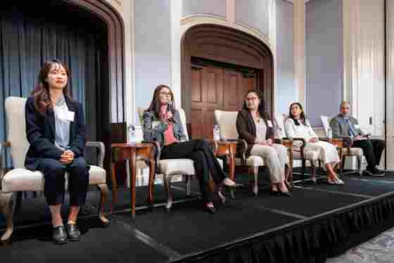 Dr. Dan Krawczyk (far right), deputy director of research, moderates the panel discussion with research finalists at the 2025 Ramona Jones Friends of BrainHealth Luncheon.