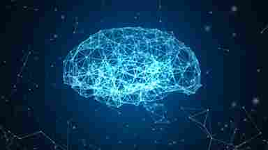 Abstract brain made of geometric lines and dots in a dark blue background.