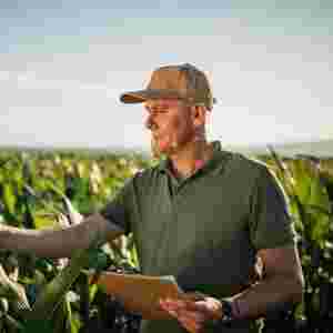 A farmer stands in a sunny cornfield with a clipboard and closely inspects his crops.