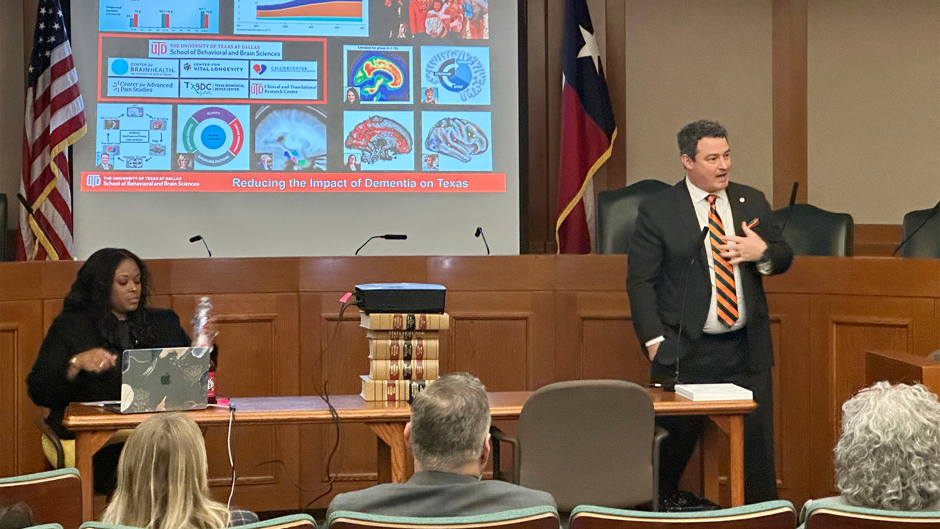 Dr. Adam J. Woods, dean of the School of Behavioral and Brain Sciences (BBS) at The University of Texas at Dallas, visited the Texas Capitol for a discussion on a proposed $3 billion state fund for dementia research in Texas.
