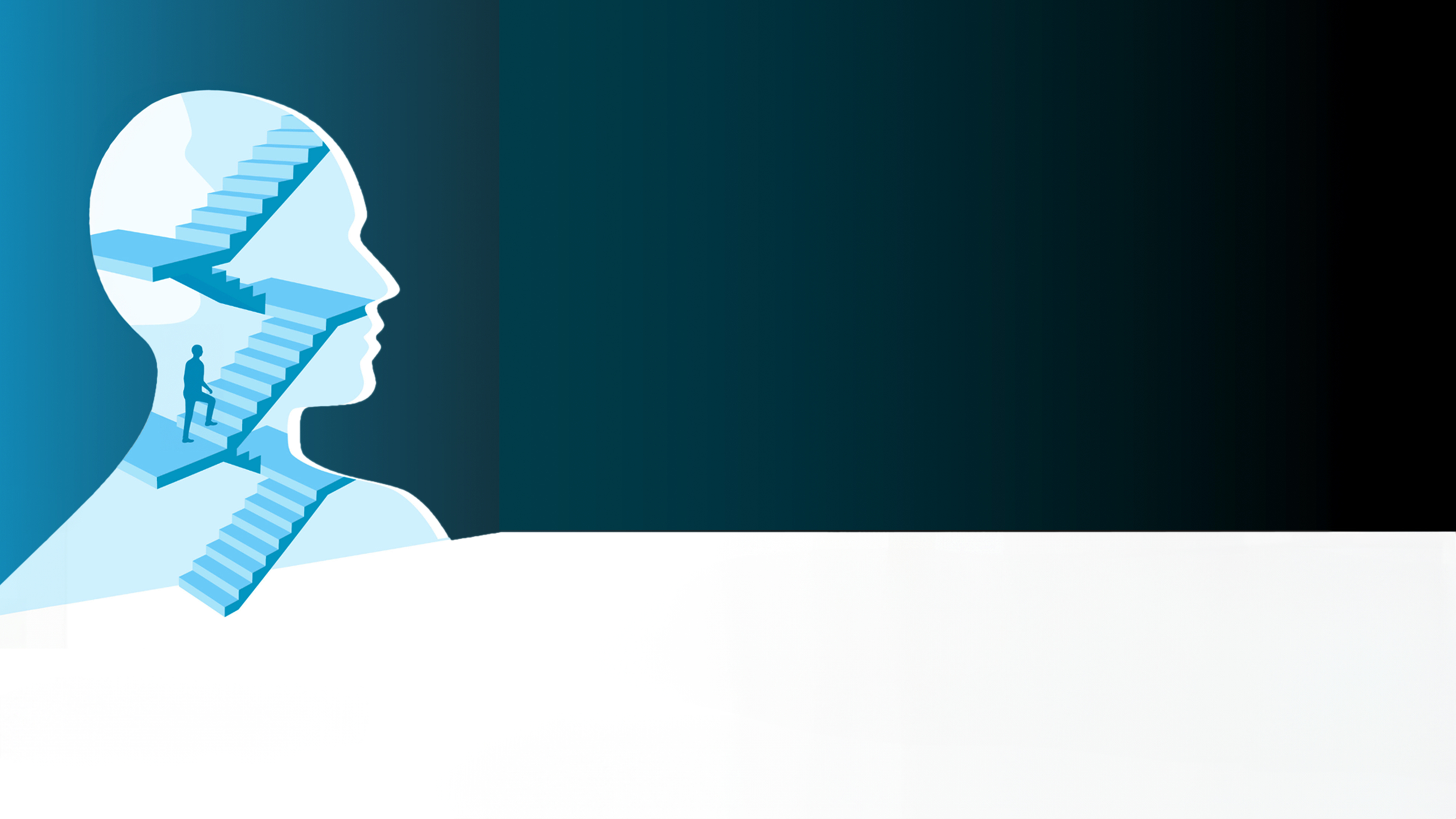 A blue illustration of a human head silhouette with a figure climbing stairs inside, symbolizing mental growth and progress. Created by Center for BrainHealth to represent that our brain's potential has no limit. 