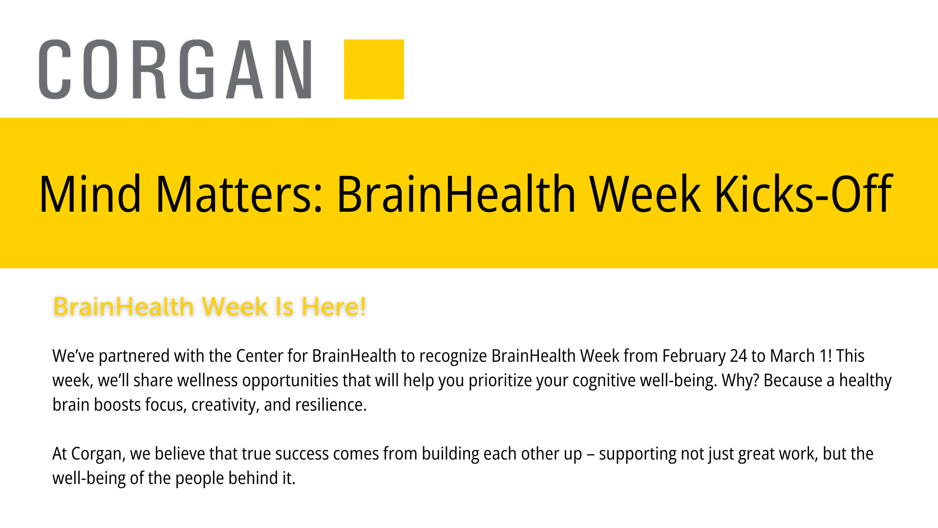 Example of BrainHealth Week partner email sent by Corgan.