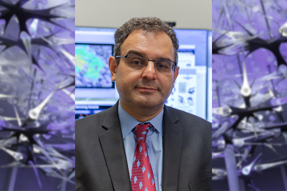 David Larry, PhD hero with BPI neuron sculpture in purple light. BrainHealth Investigator Professor of Physics, Hanson Center for Space Sciences Founding Director, MINTS.