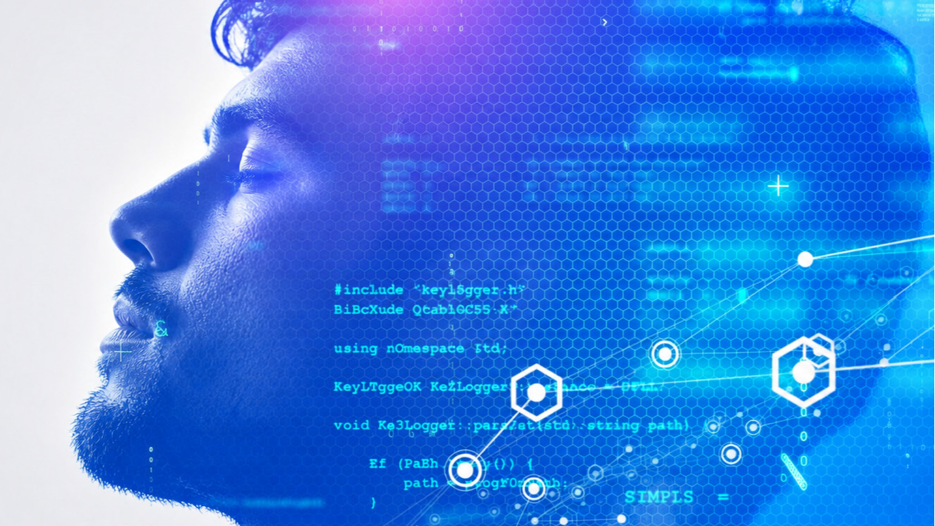 A man's profile overlaid with blue digital code, hexagonal patterns, and tech icons, symbolizing AI or cybersecurity concepts.