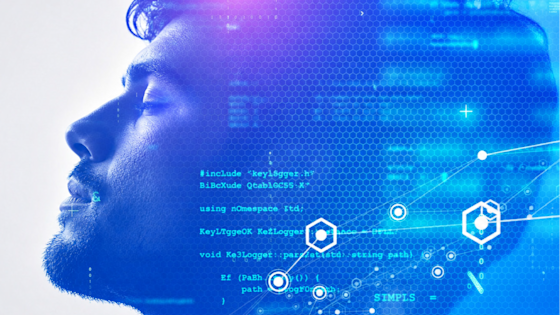 A man's profile overlaid with blue digital code, hexagonal patterns, and tech icons, symbolizing AI or cybersecurity concepts.