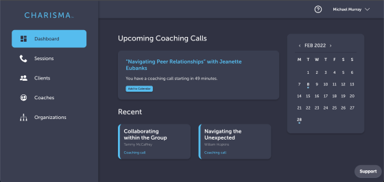The Charisma Coaching Portal showing past and upcoming coaching calls.