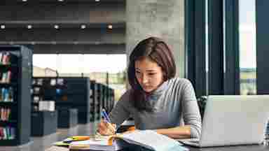 A focused woman is studying in a library.