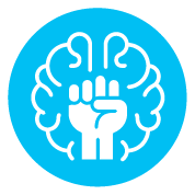 White icon of a raised fist overlaid on a brain, centered on a cyan blue circular background.